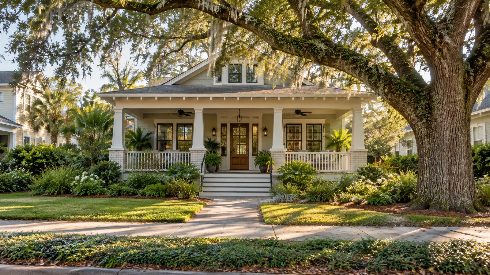 A Northeast Florida craftsman cottage on a tree-lined residential street beneath a broad live oak, deep porch.