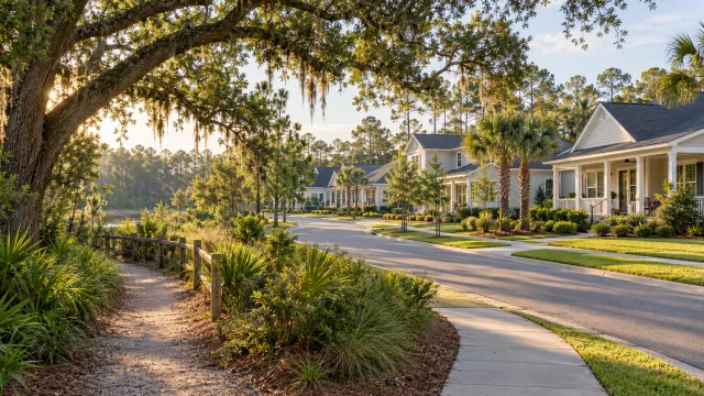 Illustrative Florida neighborhood with front porches, live oaks and a shaded walking trail.