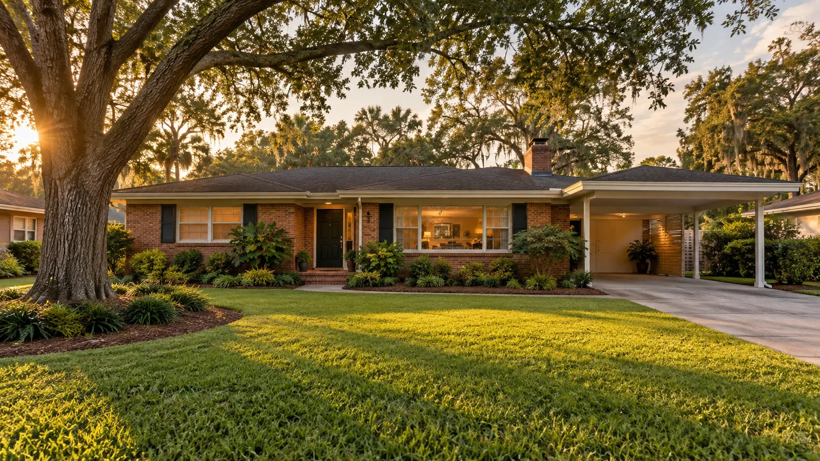 A midcentury Duval County-style brick ranch with broad lawn, shade trees and carport.