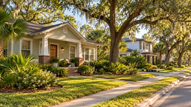 Illustrative Florida bungalow and neighboring homes beneath mature oak trees.
