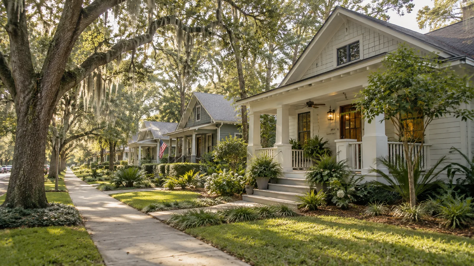 A quiet Northeast Florida neighborhood street with distinct modest renovated bungalows, mature oaks and sidewalk, inviting.