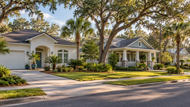 Illustrative Florida homes with front porches beneath live oaks and palms.