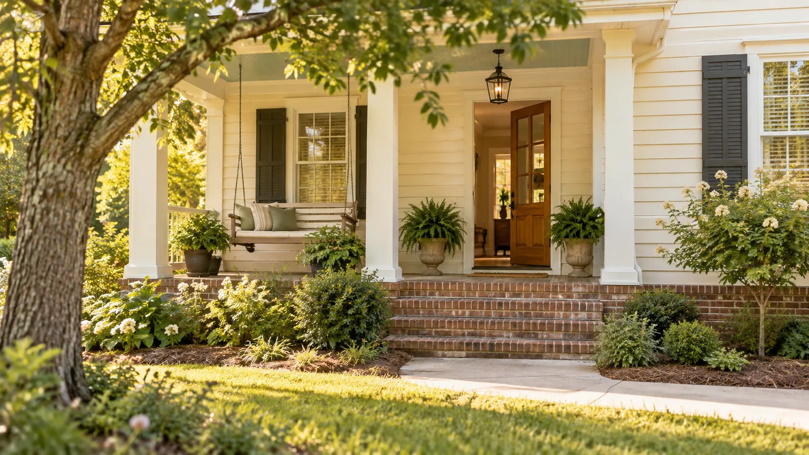 A modest Alabama first home with cream siding, brick foundation, simple porch swing and freshly open front door.