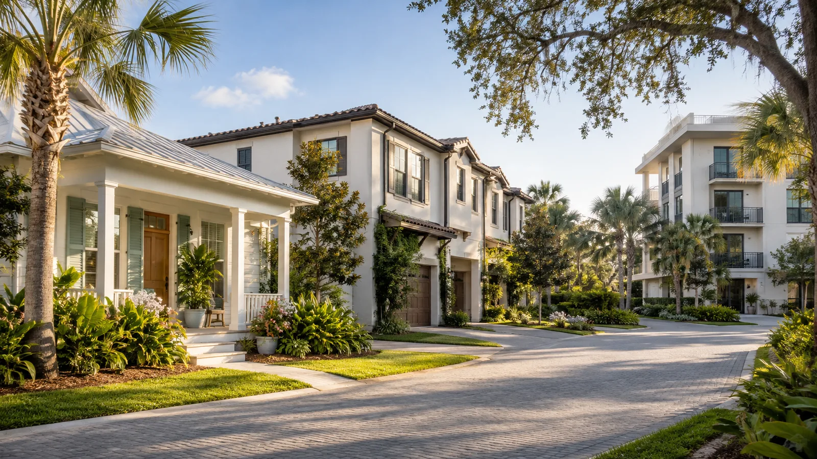 Three distinct Florida housing types along a believable residential lane: a cottage, a townhome and a small condo building, natural setting.