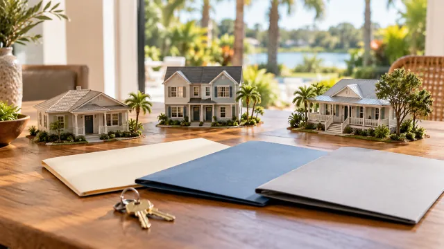 Three different model homes and plain folders arranged for comparing mortgage options.