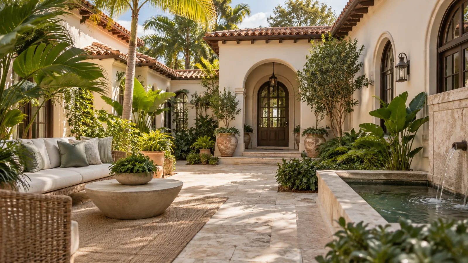 A Florida residential courtyard with stucco homes, terracotta roof and tropical plants, soft sun and comfortable neighborhood scale.