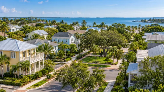 Illustrative Florida coastal neighborhood with tree-lined streets, homes and a bay beyond.