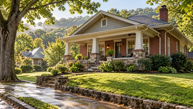 Illustrative red-brick Alabama bungalow with a front porch and tree-lined yard.