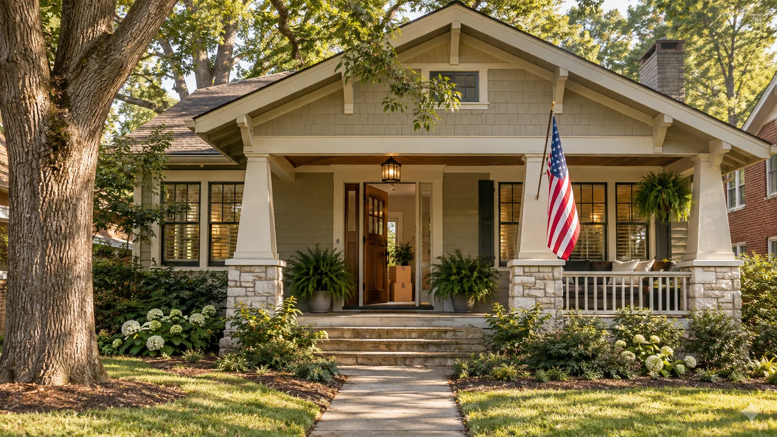 Brick craftsman home beneath mature trees with a discreet American flag on the porch.