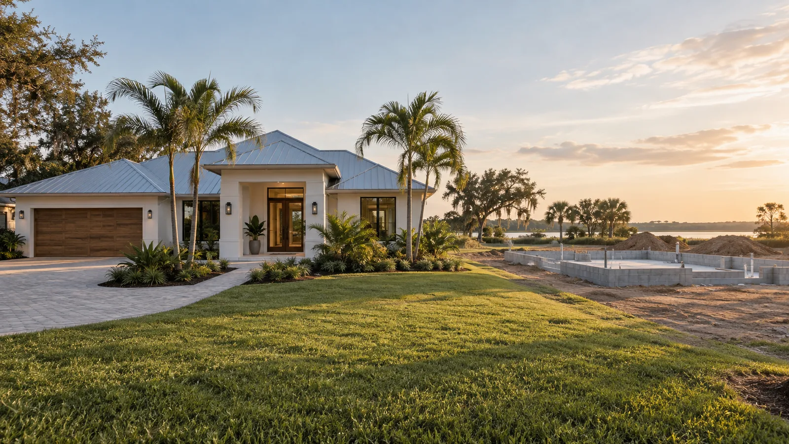 A newly completed Florida home with clean construction details and adjacent unfinished foundation in the distance, quiet property comparison context.