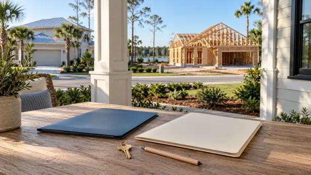 Two plain folders and a house key on a porch table facing a home under construction.