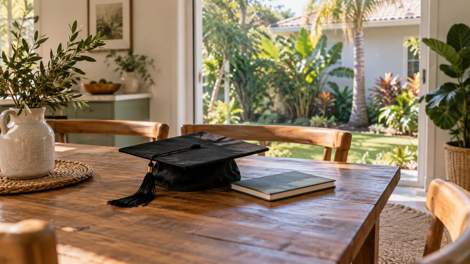 An unbranded graduation cap and closed notebook on a warm wooden dining table by a window onto a modest Florida home garden.