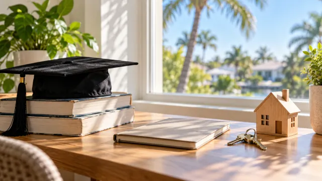 A graduation cap and textbooks share a sunlit desk with house keys and a wooden home model.