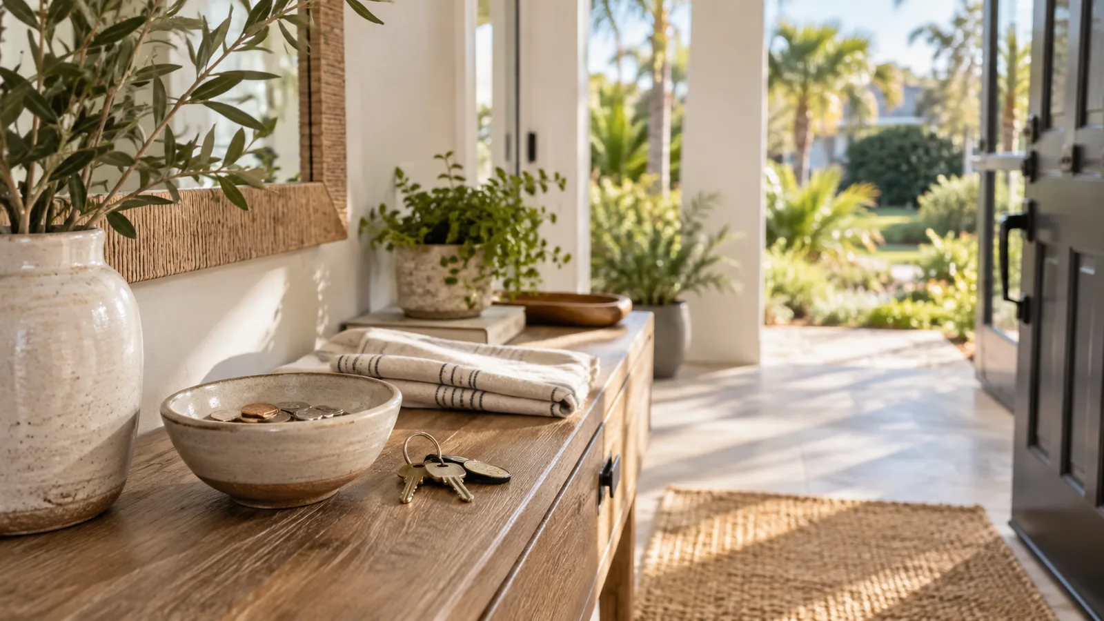 A ceramic saving bowl with a few coins, simple house keys and folded linen on a sunlit entry console overlooking a modest Florida front porch.
