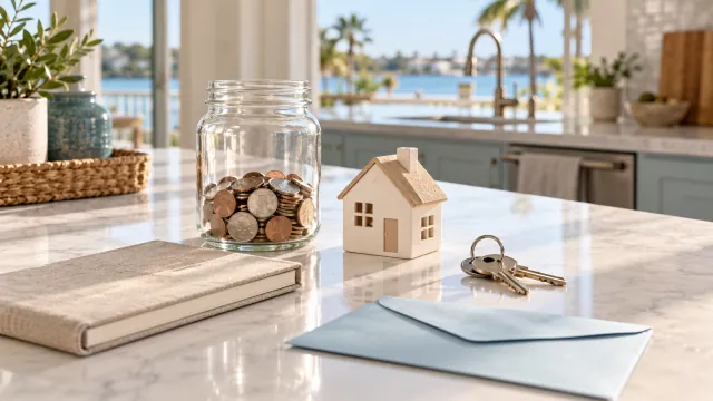 Savings jar, house model and keys arranged beside a blank notebook on a kitchen counter.