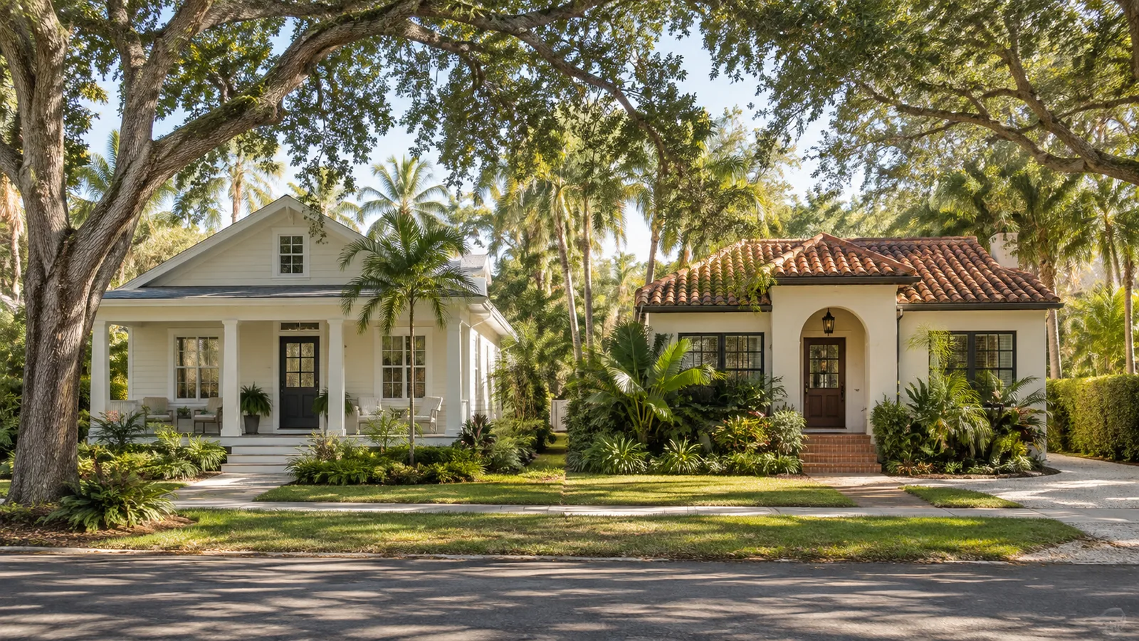 Two real-looking neighboring Florida houses of similar modest size but different architecture, both equally welcoming, shaded residential street.