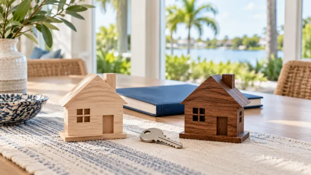Two wooden house models in light and dark wood beside a key and blue notebook.