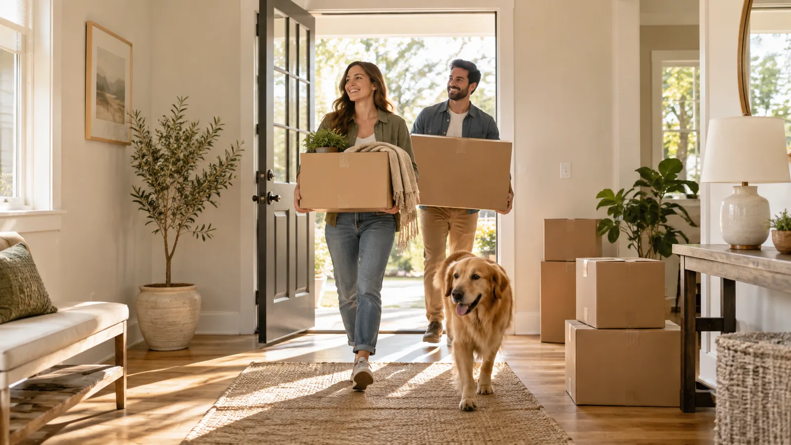 Una pareja lleva cajas de mudanza a una vivienda luminosa, acompañada de su perro.