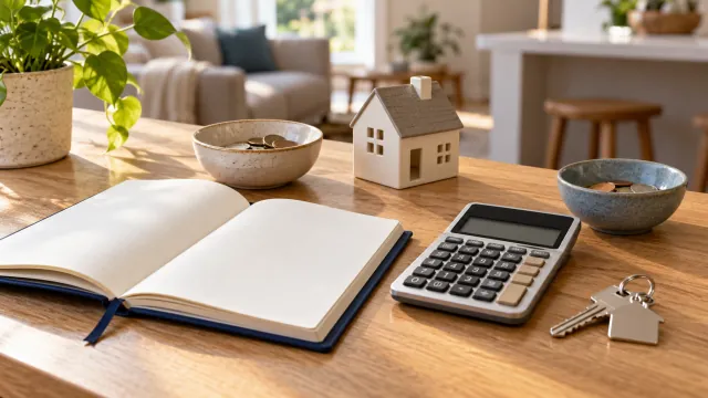 Composición de planificación de vivienda con maqueta de casa, calculadora, cuaderno, monedas y llaves.