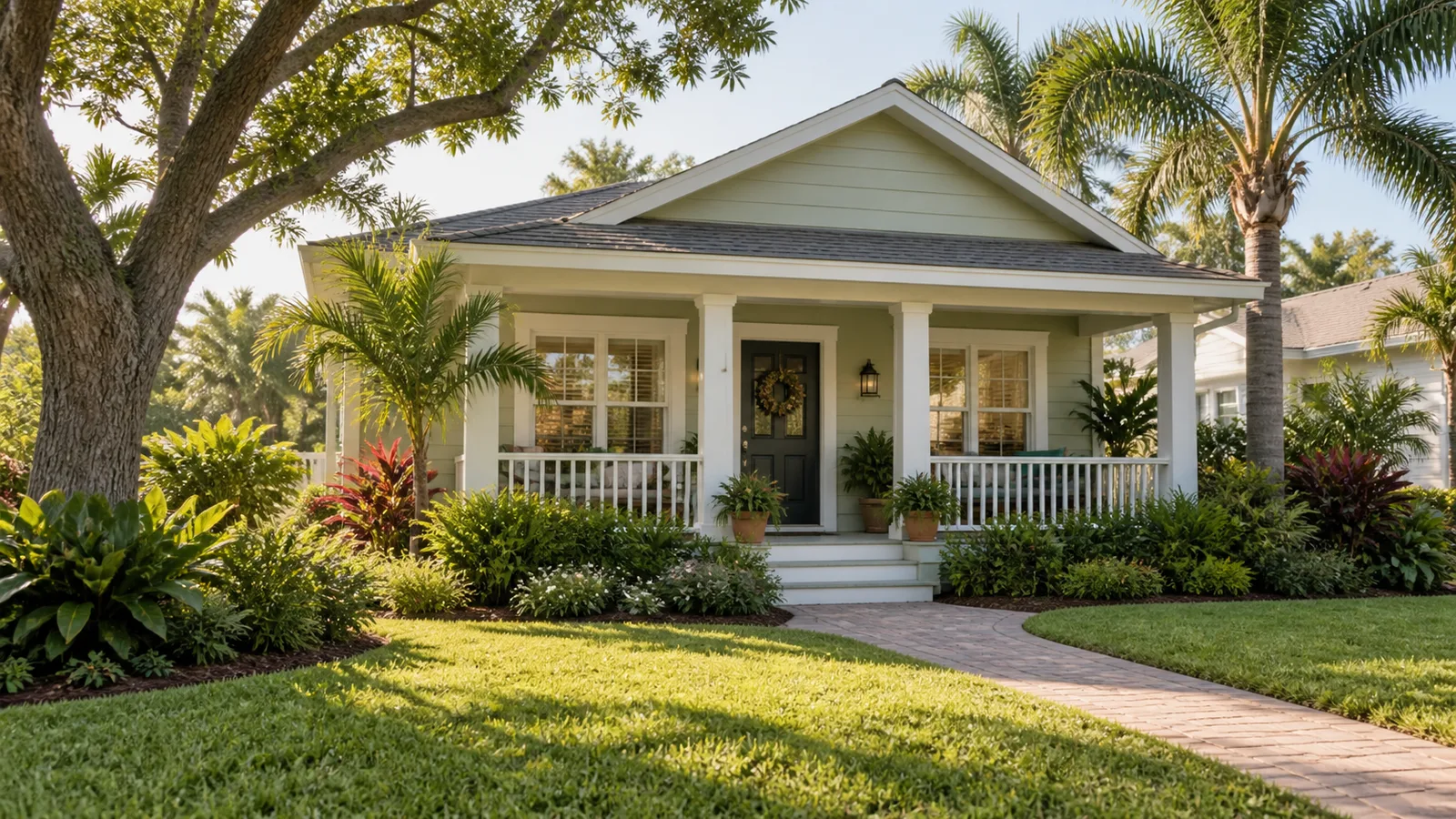 A well-maintained modest Florida starter home with pale sage siding and porch, lush native landscaping, morning sun, attainable residential scale.