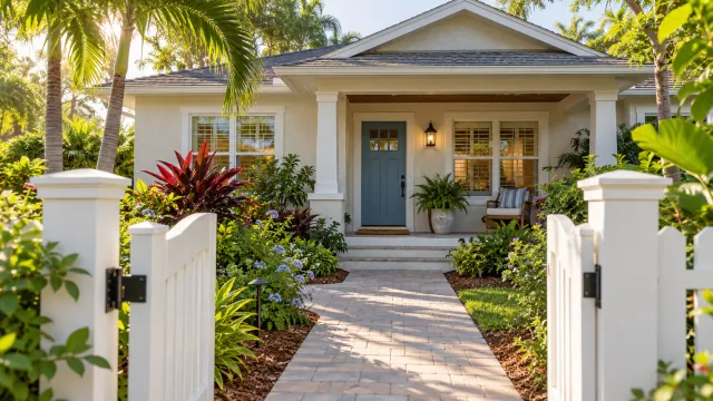 An open garden gate leads to a modest Florida-style bungalow with a shaded porch and blue front door.