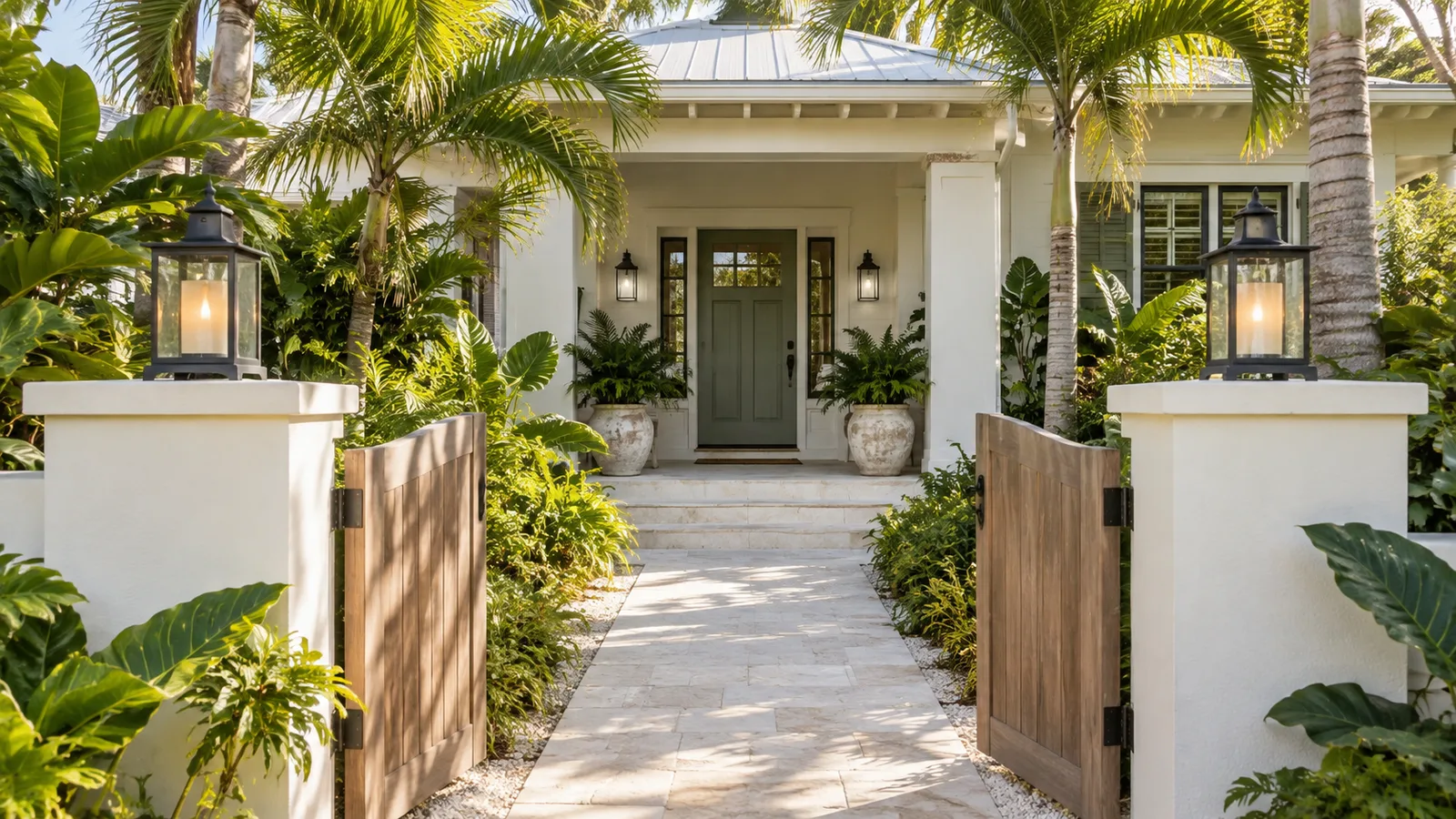 A Florida bungalow entry with an open front gate, shell-colored walls, palms framing the path, quiet sense of arriving home.