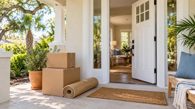 Unmarked moving boxes and a rolled rug at the welcoming entrance of an illustrative Florida home.