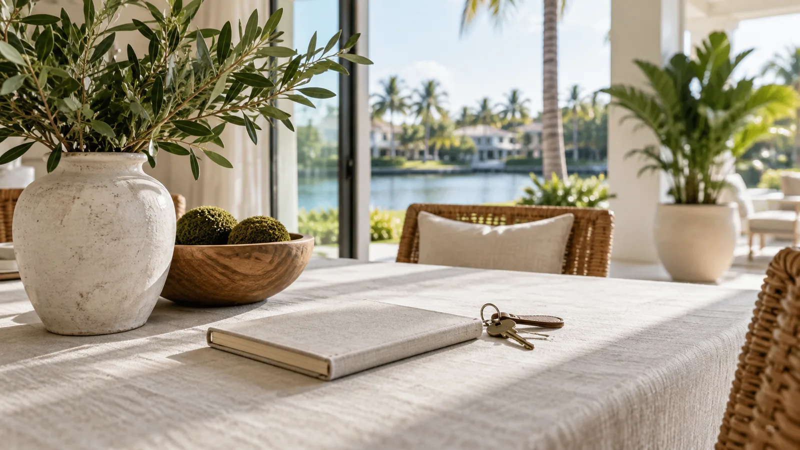 An organized linen-covered table with blank closed notebook and house keys, with a bright Florida residential window view.