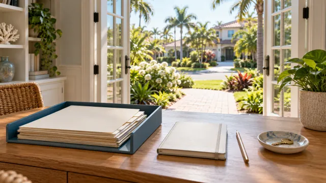 Organized folders, notebook and house key on a desk beside open doors to a Florida garden.