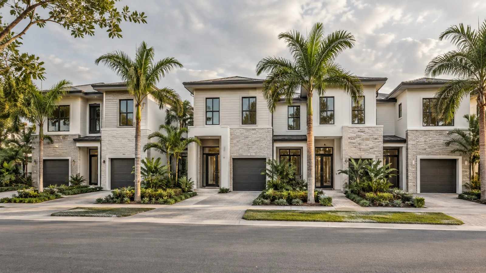 A row of contemporary Florida townhomes with balanced landscaping and a quiet street, considered architectural composition under soft cloudy light.