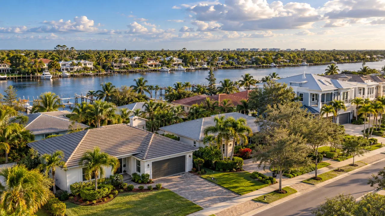 Illustrative Florida neighborhood with varied homes, palms and a nearby waterway.