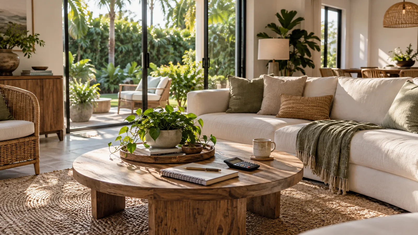 A compact elegant Florida living room with a notebook closed beside an unbranded calculator turned away, garden view and warm afternoon shadows, everyday housing budget.