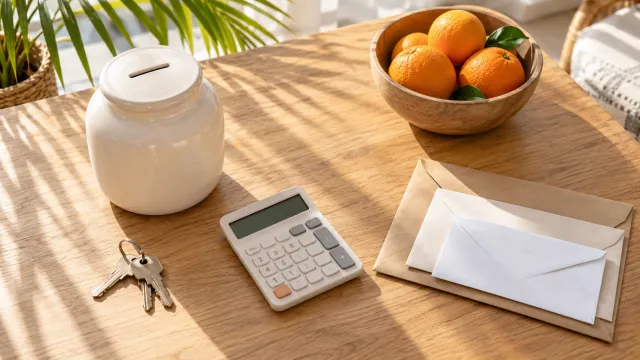 House keys, a savings jar and a calculator arranged for planning a home budget.