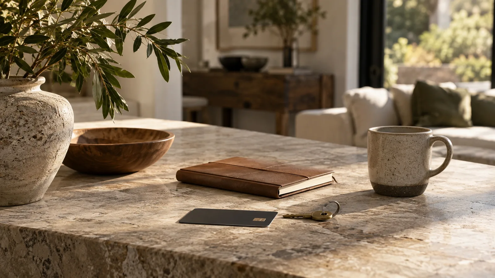 A restrained financial still life: a single unmarked credit card face down, closed notebook and simple key on natural stone table, moody but warm light from a home window.