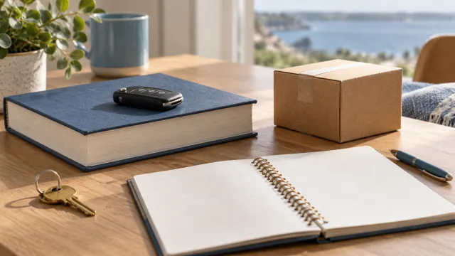 Car key, plain textbook and shopping parcel beside a house key and blank notebook.