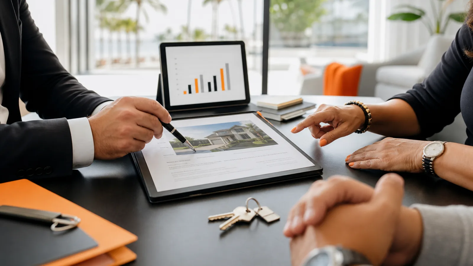 Property discussion with a home photo and a laptop at a bright table.