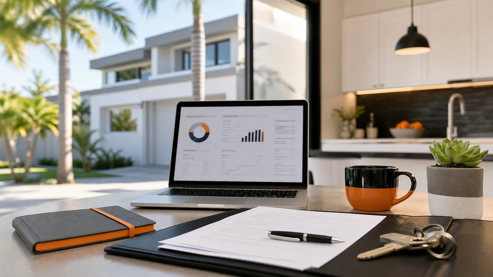 Home-planning workspace with a laptop overlooking a residential garden.