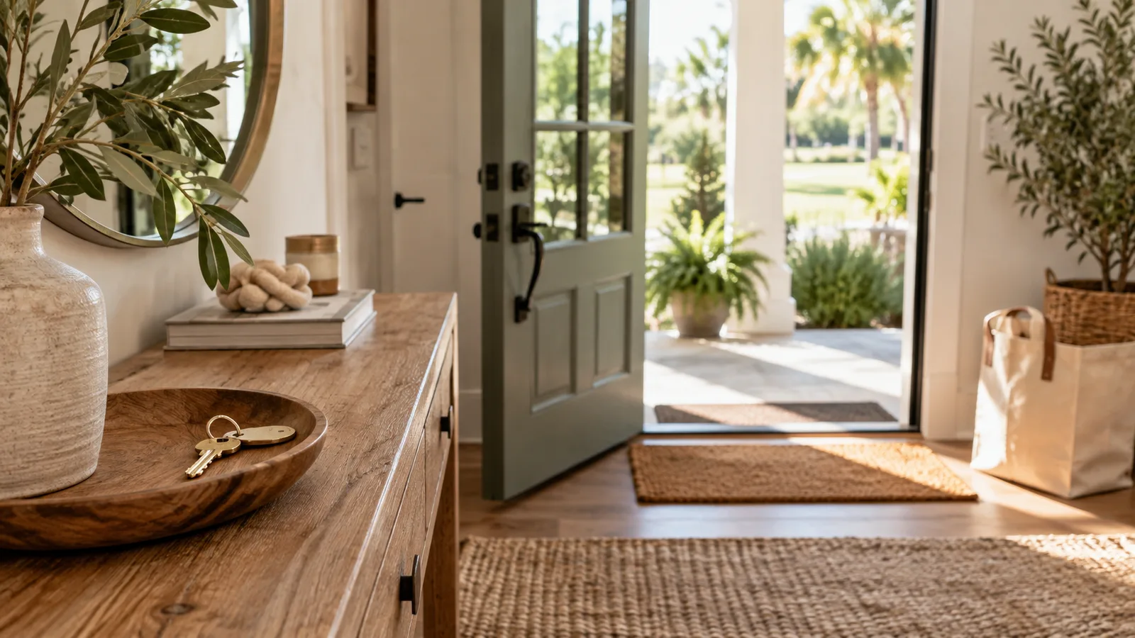 A welcoming Northeast Florida front door and brass key on a natural oak entry table, moving tote in soft background, practical closing-day costs without documents.