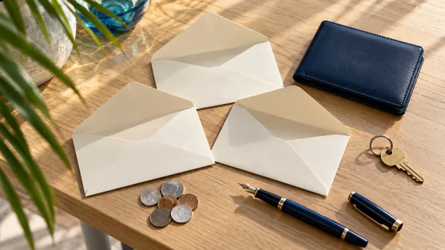 Plain envelopes, a wallet, coins, pen and house key arranged on a sunlit table.