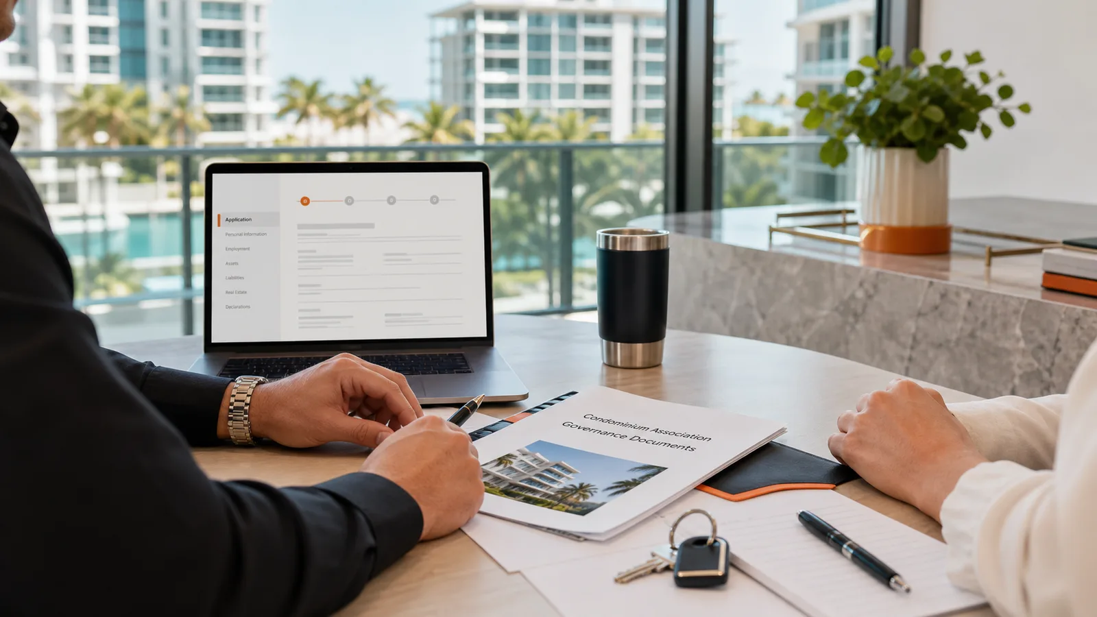 A property consultation at a table beside windows and residential buildings.