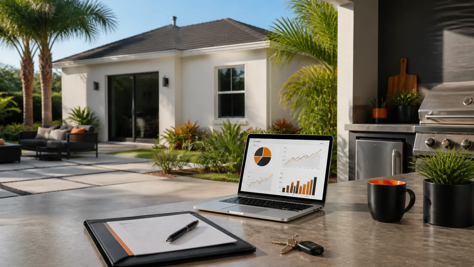 Single-story rental-style home with a planning workspace in the foreground.