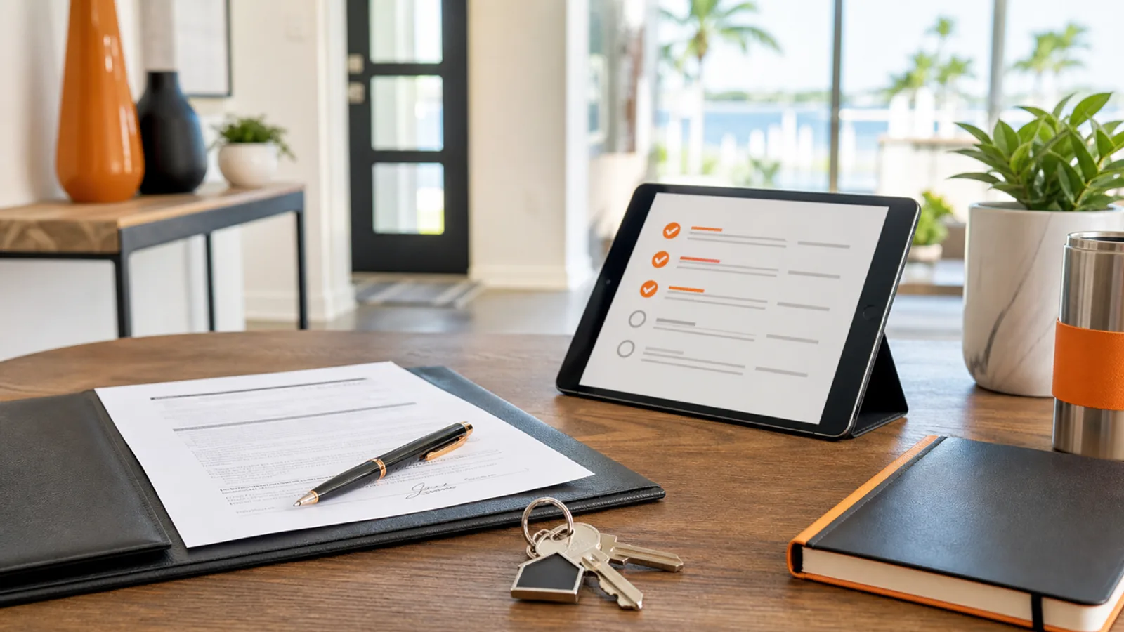 Keys and a closed folder beside a tablet in a bright kitchen.