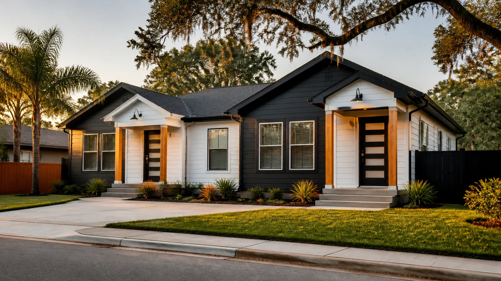 A modest duplex with separate front entrances beneath a mature tree.