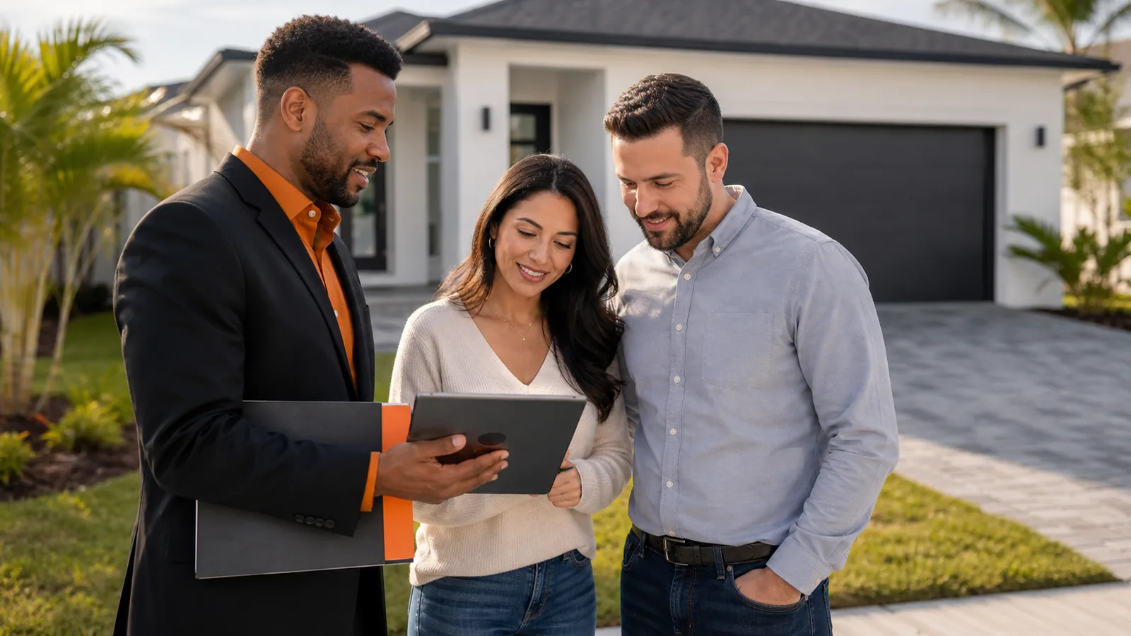 Homebuyers and a property professional discussing a tablet outside a home.