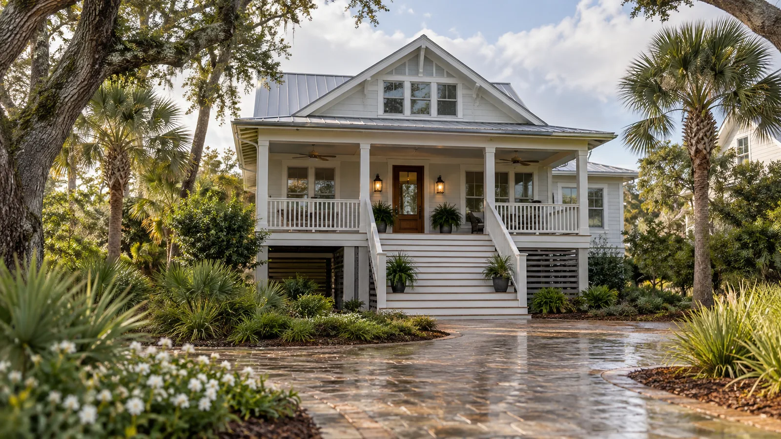 A raised Northeast Florida coastal cottage above a native planted garden after a gentle rain, dry porch, soft clouds.