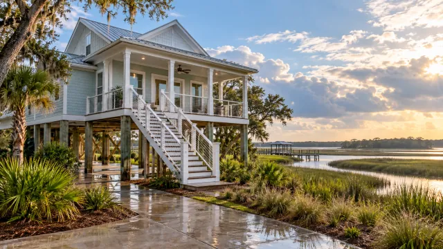 Illustrative elevated coastal home beside marsh grasses and a tidal creek after rain.