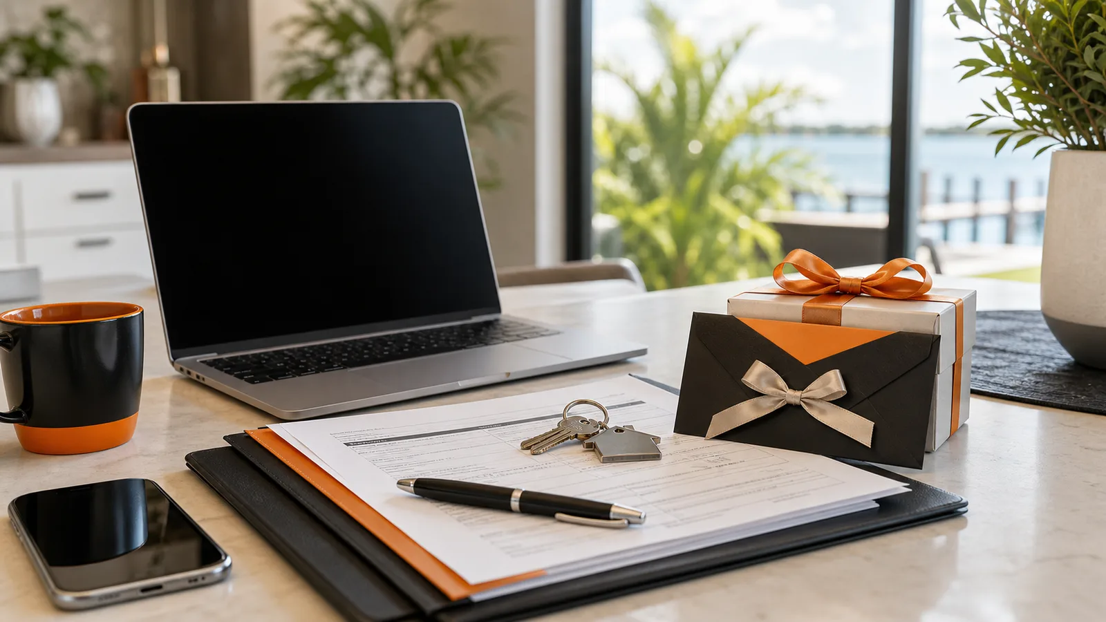A wrapped gift beside keys and a laptop on a bright home table.