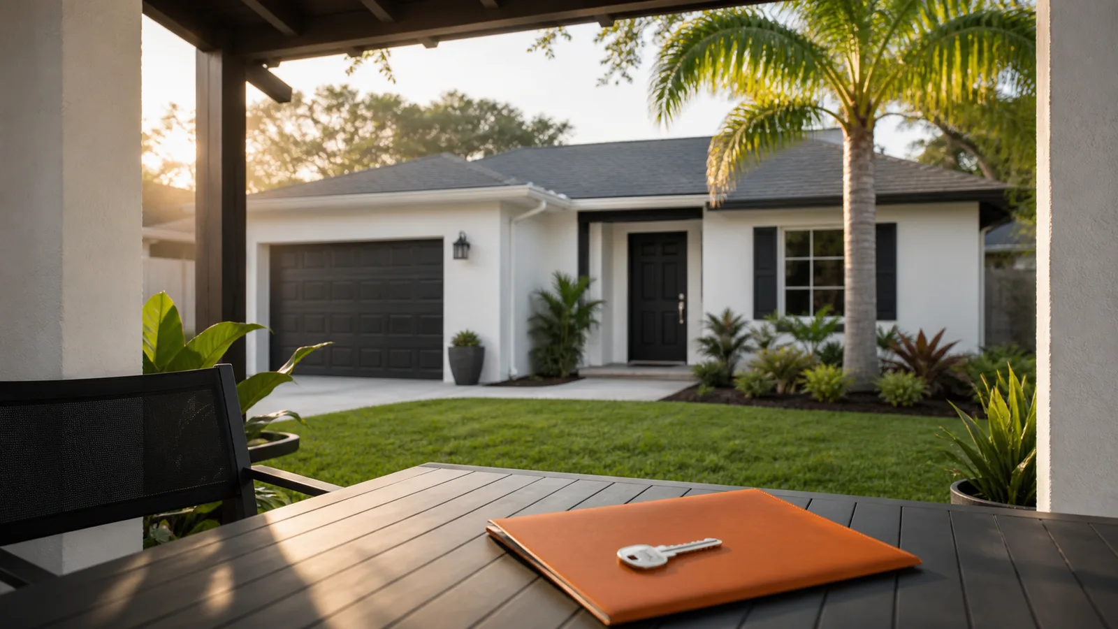 Keys on a warm wooden porch table with a residential garden beyond.