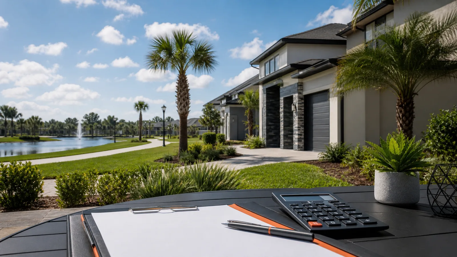 Landscaped residential community and a home-planning table.