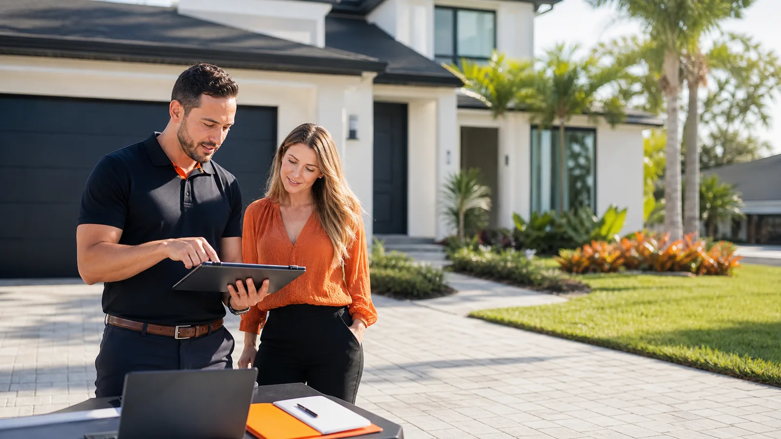 An inspector and homebuyers looking at a tablet outside a house.